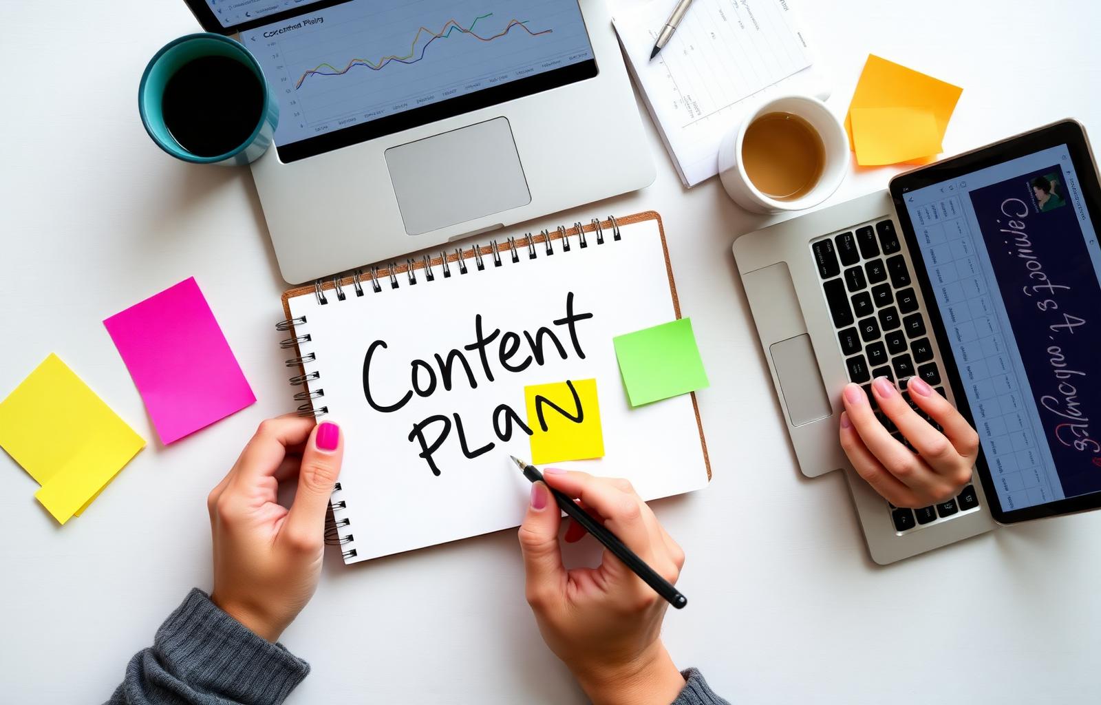 Marketing strategy workshop with content plan notebook and laptops